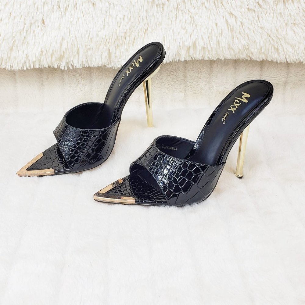 Black Slip On Pointy Toe High Heel Slides